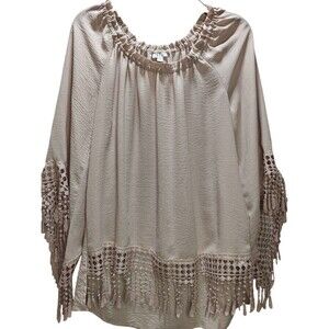 Spense Boho Peasant Blouse M Pink Beige Crochet Tassel Trim Flowy Top
